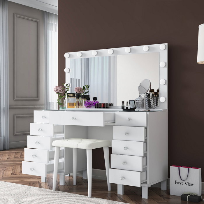 Hanah Home Mesa de Maquillaje BJ163 - 4002 con 13 Focos y Puff Blanco Hanah Home Mesa de Maquillaje BJ163 - 4002 con 13 Focos y Puff Blanco
